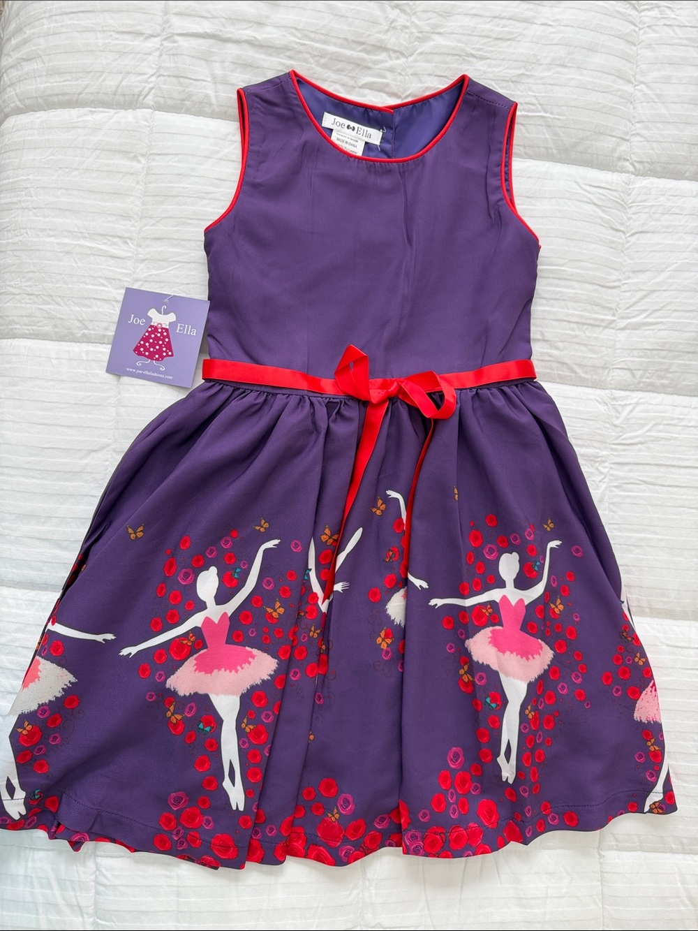 Joe & Ella Purple Dress with Red Trim and Ballerina Print